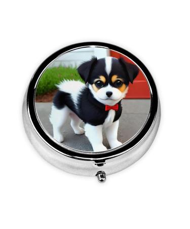 Black and White Puppyround Pill Box 3 Compartment Round Pill Box Organizer &Portable Travel Pill Box for Traveling.