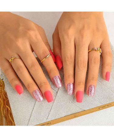 Sethexy Pink Square Fake Nails | Matte Acrylic Press-On Nail Tips for Women & Girls - 24pcs - Buy Online on GoSupps.com