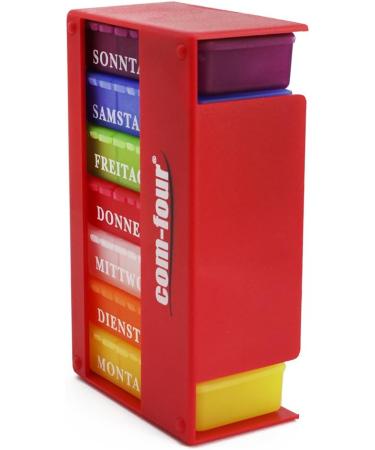 Com-Four 7-Day Drug Doser Box - Weekly Pill Organizer with 3 Compartments - Red Medication Storage for Morning Lunch and Evening Doses - International Shipping Available - Buy Online on GoSupps.com