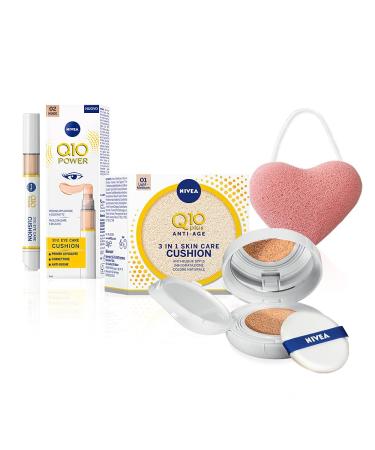 NIVEA Q10 Plus anti-wrinkles Skin Care Foundinta Cushion cream colored anti-aging 01 Light medium 15 ml & eye care Cushion concealer eye rings 02 nude 5 ml gift set with NIVEA soft mini 25 ml free