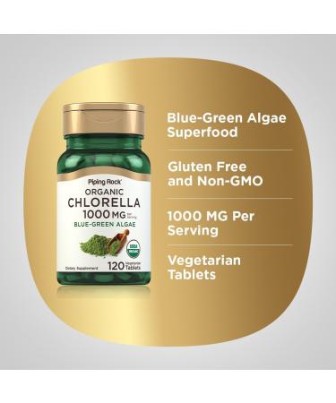 Piping Rock Chlorella | 1000mg | 120 Tablets | Blue-Green Algae | Broken Cell Wall Organic | Non-GMO Gluten Free Supplement - Buy Online on GoSupps.com