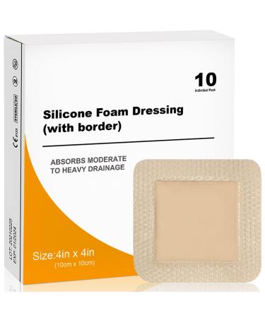 Carbou Silicone Foam Dressing with Gentle Border,4"x4" Adhesive Waterproof and High Absorbency Square Wound Care Dressing Bandage for Pressure Sore, Leg Ulcer, Diabetic Ulcer,10 Pack 4x4 Inch (Pack of 10)