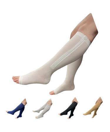 Seniors Care 15-20 mmHg Zipper Compression Leg Calf Open Toe Socks (White Small-Medium) Small-Medium White
