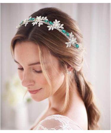 IYOU Shiny Crystal Wedding Headband Rhinestone Green Hair Band Leaf Vintage Prom Bridal Hair Accessories for Women - Buy Online on GoSupps.com