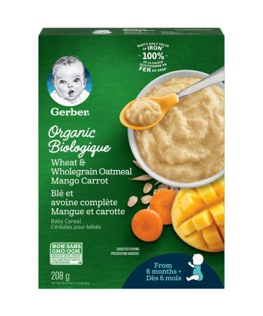 GERBER Organic Cereal Wheat & Wholegrain Oatmeal with Mango Carrot Baby Food Cereals 6+ Months 208 g 6 Pack - Packaging May Vary