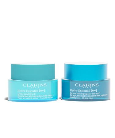 Clarins Hydra-Essentiel Silky Cream and Night Cream Intensely Hydrating Bundle | 60 Seconds to Plumper Skin*| 24H hydration**| Daytime Face Moisturizer for Normal to Dry Skin |Contains Hyaluronic Acid
