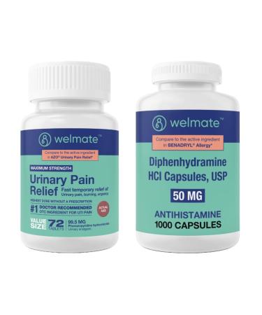WELMATE UTI Comfort & Restful Night Kit: Urinary Pain Relief Phenazopyridine 99.5mg (72 Ct) & Nighttime Sleep-Aid Diphenhydramine 50mg (1000 Ct)