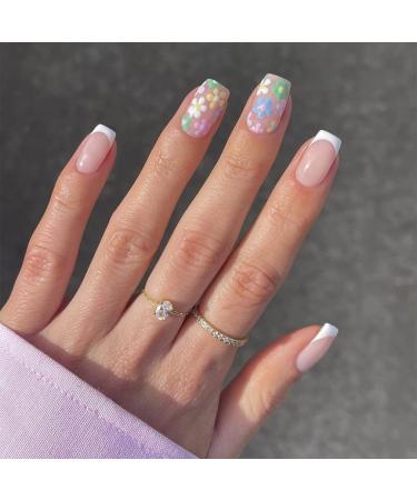 Sethexy French Short Square False Nails Collection Fashion Press on Nails Glossy Fake Nails 24Pcs Acrylic Stick on Nail Tips Flower Power