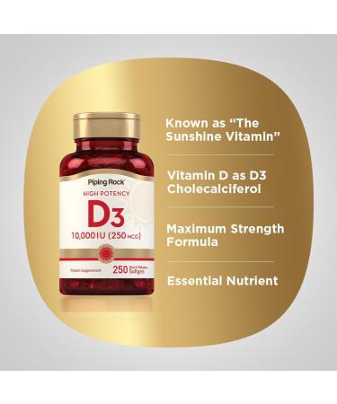 Piping Rock Vitamin D3 10000 IU | 250 mcg | 250 Softgels | High Potency | Non-GMO & Gluten Free Supplement - Buy Online on GoSupps.com