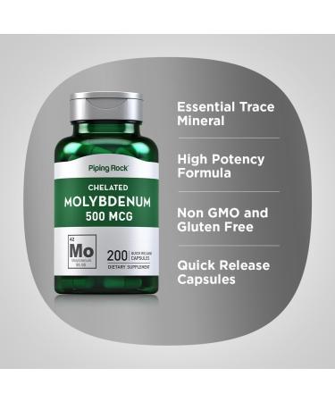 Piping Rock Molybdenum Supplement | 500 mcg | 200 Capsules | Chelated Molybdenum Amino Acid | Non-GMO Gluten Free - Buy Online on GoSupps.com