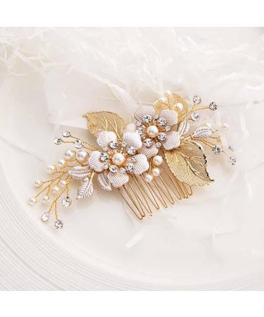 Gold Bridal Hair Comb with Flower Crystal Vine - Sparkly Pearl Rhinestone Headpiece for Women and Girls - Buy Online on GoSupps.com