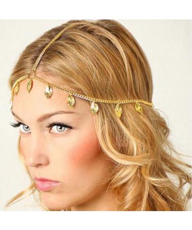 Zoestar Boho Head Chain Gold Leaf Tassel Hair Jewelry Bridal Headpiece Festival Headband for Women and Girls