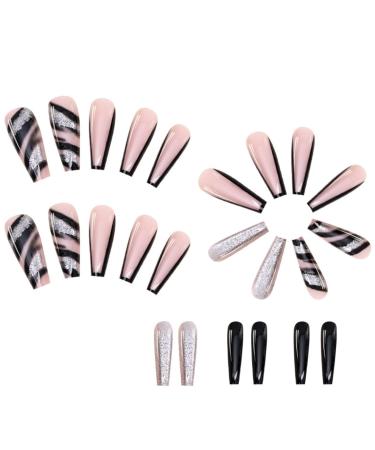 Justotry 24-Piece Leopard Coffin Nails - Black French Press On & Silver Glitter Ballerina Artificial Nails for Women - Buy Online on GoSupps.com