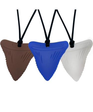 Ausbay Sensory Chew Necklaces Silicone Shark Tooth Pendant Chewable Jewelry for Boys Girls Kids Adults with Anxiety SPD ADHD Teething Autism and Oral Motor Needs(3 Pack) Brown+Blue+White