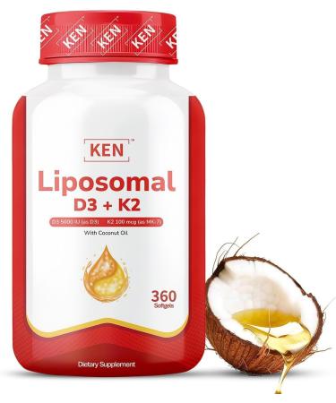 KEN Liposomal Vitamin D3 5000 IU + K2 (MK7) 100 mcg Enhanced Calcium Absorption Supports Immune Function Coconut Oil No Seed Oil Non-GMO 360 Halal Bovine Softgels 360 Count (Pack of 1)