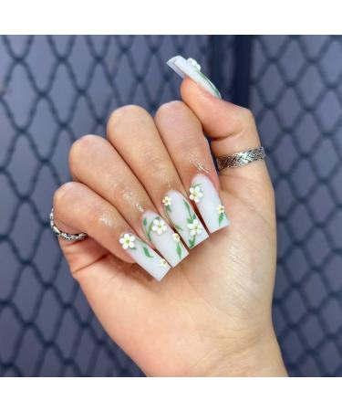 JUSTOTRY 24 pcs Floral Fake Nails Medium Sage Green French Press on Nails with Leaf Patterns Ballerina Stick on Nails for Women Acrylic Coffin Medium False Nails with Glue for Nail Art green&leaf1