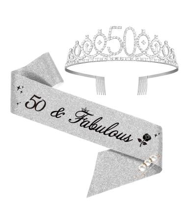 Moitkptt 50th Birthday Sash and Tiara  50th Birthday Decorations for Women  50&fabulous Birthday Sash and Crown for Women Gift  50 Birthday Decorations (Silver)