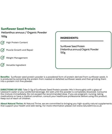 Natural Thrive Sunflower Seed Protein Powder Plant-Based Protein Source for Energy and Nutrition100g High Protein Gluten-Free Non-GMO - Buy Online on GoSupps.com