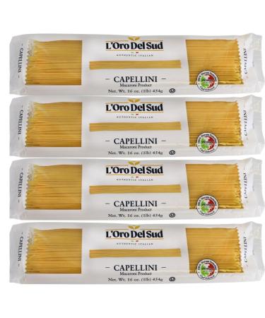 Capellini, Italian Pasta, Premium Quality Product of Italy (4 pack x 16 Oz) Non GMO, Vegan, Kosher Certified by L'Oro del Sud Capellini 4 Pack
