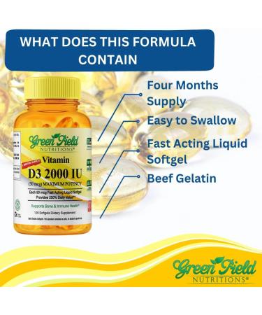 Greenfield Nutritions Halal Vitamin D3 2000 IU Softgel - 50 mcg High Potency D3 120 Unflavored Mini Softgels - Halal Vitamins D with Halal Beef Gelatin Supports Immune Bone Teeth Brain and Hair - Buy Online on GoSupps.com