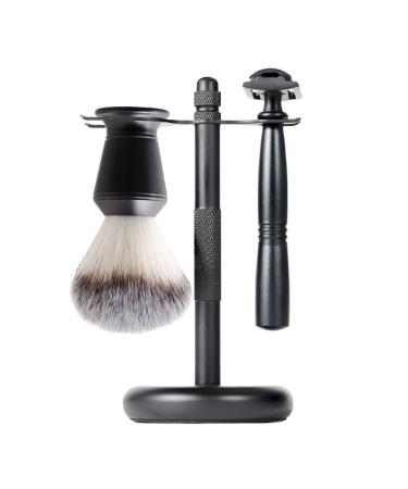 perfk 3 Piece Men's Shaving Set Shaving Brush Stand Set Black Shaving Cleaning Tool Stand Holder + Shaving Brush
