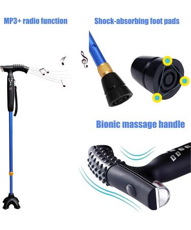 Adjustable Walking Stick Blue Smart Anti Slip Quad Cane for Seniors with Radio for Elderly LED Guide Light - Buy Online on GoSupps.com