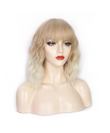 Natural-Looking Ombre Blonde Wavy Bob Wig with Bangs - Heat Resistant Synthetic Wig for Women - Buy Online on GoSupps.com