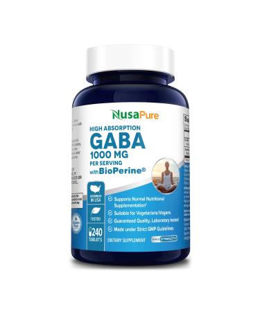 NusaPure GABA 1000 mg 240 Tablets (Vegan  Non-GMO & Gluten-Free) with Bioperine