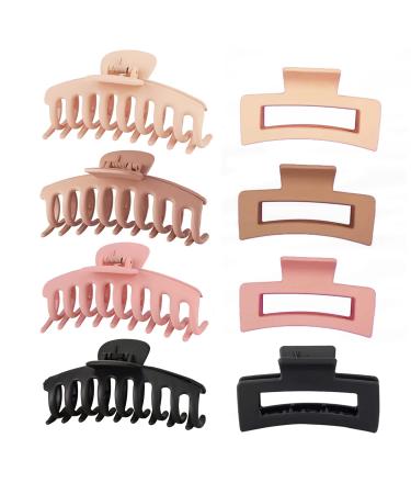 Twievo 8 Pack Large Hair Claw Clips for Woman Girls' Hair Clips Claw Matte Square Hair Claws Clips For Hair 2 Styles Strong Hold Jaw Clips (Pink Cream Beige Black)