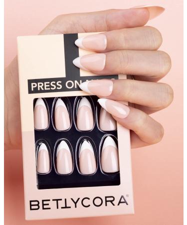 BettyCora French Press On Nails - Pointed Almond Acrylic False Nails - 24 Pcs Short/Medium Fake Nails - French White D13 - Buy Online on GoSupps.com