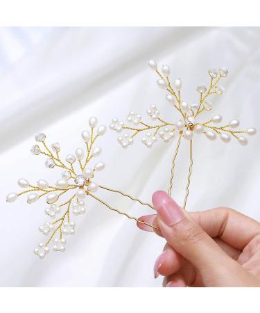 Fairvir bride hairpins silver rhinestones flower crystal bridal jewelry headdress pearls hair accessories jewelry for women and girls (2 pieces) (gold)