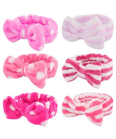 WHAVEL 6 Pack Pink Makeup Headbands Soft Cute Headbands Shower Bow Hair Band Bowknot Spa Headbands Soft Face Wash Headbands Shower Headbands Fluffy Skincare Head Wraps for Spa Shower Makeup Washing Face Type 12