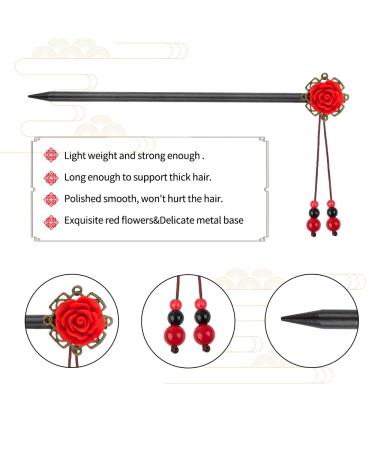 Vintage Chinese and Japanese Hair Sticks for Women - Geisha Hair Pins with Red Flower Design and Retro Wooden Rose-Wood Finish - Buy Online on GoSupps.com