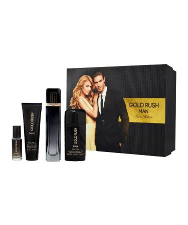 Gold Paris Hilton Gold Rush Man Men 3.4oz EDT Spray 0.5oz EDT Spray 3.0oz Hair Body Wash 2.75oz Alcohol Free Deodorant Stick 4 Pc Gift Set I0082720 9.65 Ounce (Pack of 1)