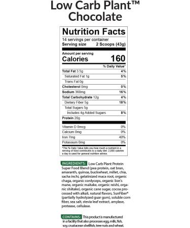 BioTrust Low Carb Plant Protein - Delicious Chocolate 20g Complete Vegan Protein 5g Fiber 15 Superfoods Dairy-Free 14 Servings - Buy Online on GoSupps.com