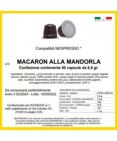 KICKKICK 50 Coffee Capsules Compatible with Nespresso Almond Macaron MADE IN ITALY Flavored Soluble Drink for Nespresso Coffee Machine - Buy Online on GoSupps.com