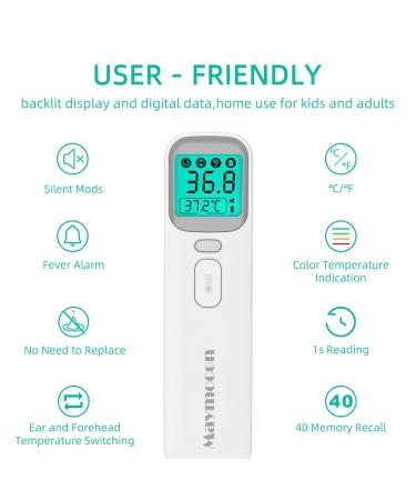 Maymocon Baby Ear Thermometer - Infrared Digital 4-in-1 Touchless Forehead Thermometer for Kids & Adults - CE Approved with Fever Alarm - 1S Reading - Memory Function - Grey Cap - Buy Online on GoSupps.com