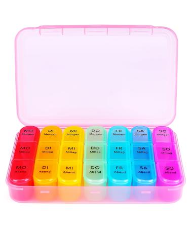 Tablet box 7 days at noon in the evening weekly pill dose 7 days pills 7 days 3 compartments medication box with large compartments for vitamins and medication pink