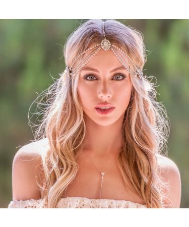 Bridal Boho Head Chain Vintage Gothic Gold Head Chain Rhinestone Layered Tassel Hair Jewellery Headband Festival Wedding Headpieces Headdress Hair Chain Jewelry Hair Accessories for Women and Girls