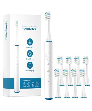Rechargeable Electric Toothbrush for Adults - Travel Toothbrush with 8 Replacement Heads 5 Modes with 2 Minutes Build in Smart Timer Ultra Clean Portable Toothbrush One Charge for 60 Days (White)