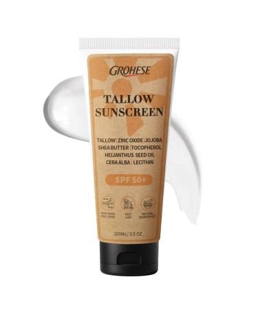 Confidita Beef Tallow Sunscreen SPF 50 for Face & Body Natural Mineral Sunscreen with Non Nano Zinc Oxide Reef Safe Non-Greasy Formula Non Toxic & Moisturizing Sunblock 3.5oz