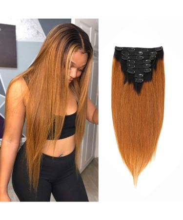 Clip in Hair Extensions Remy Human Hair Ombre Straight Hair Silky Thick Real 100% Human Hair For Black Women Virgin Hair 8Pcs Total of 18 Clips 130g(18Inch#1B/30 Brown) 18 Inch Straight 1B/30(Natural Black/Brown)