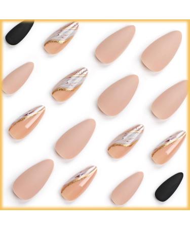 24 PCS Marble Press on Nails - Glossy Brown Glitter & Gold River Design | Sparkly Acrylic Medium Almond Fake Nails for Women & Girls - Buy Online on GoSupps.com