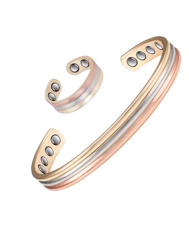 Tri Tone Gold Color Pure Copper Bracelet& Copper Rings for Women Magnetic Copper Jewelry Sets Gift Set for Women