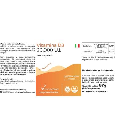 Vitamin D3 20000 IU - High Dose Cholecalciferol Tablets (90 Count) | Only 1 Tablet Every 20 Days | Vitamintrend - International Shipping Available - Buy Online on GoSupps.com