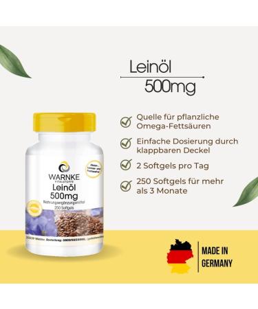 Linseed Oil Capsules 500mg - High Dose Omega 3-6-9 - 250 Softgels - Premium Flaxseed Oil by Warnke - German Pharmacy Quality - International Shipping Available - Buy Online on GoSupps.com