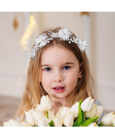 IYOU Flower Girl Headpiece Floral White Headbands Pearl Wedding Hair Vines Bridal Communion Hair Accessories for Girls - Buy Online on GoSupps.com