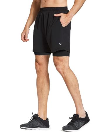 BALEAF Men's 2-in-1 Athletic Running Shorts - Quick Dry Workout Shorts with Zipper Pocket, Medium, Black - Buy Online on GoSupps.com