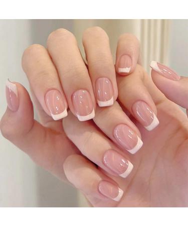 TRHDFW French gradient Wear Nail Patch Finished Patch Short Student White Fake nail removable nail patch short false nails with glue french tip nails french tip false nails