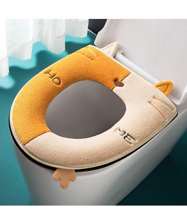 Warm Toilet Seat Covers 2PCS with Zipper Lid Lifter Handle Cat Cartoon Design - Washable & Reusable Toilet Seat Mats in Cat-yellow Grey - Buy Online on GoSupps.com